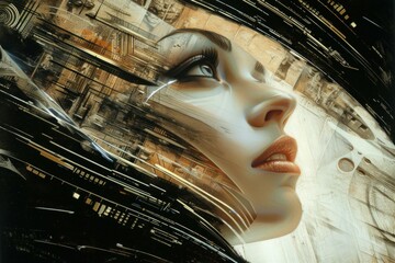 Poster - futuristic cybernetic woman portrait with abstract, digital, and scifi elements portraying a modern 