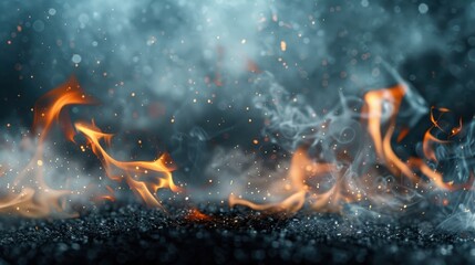 Wall Mural - A fire with smoke and sparks flying out of it. The fire is surrounded by a pile of wood, and the smoke and sparks are creating a dramatic and intense atmosphere