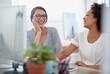 © peopleimages.com - Women, laughing and discussion on computer in office for creative planning, teamwork and feedback of project. People, pc and review email, information and web design report for startup development