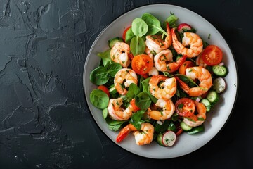 delectable shrimp plate on dark surface from an overhead view