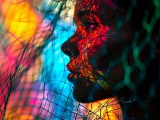 colorful abstract background, nets, close up, focus on, bright shades, Double exposure silhouette with nets