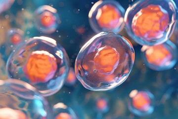 Poster - vivid 3d rendered soap bubbles with reflective surfaces floating on a bokeh background