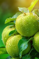 Wall Mural - Three green apples are hanging from a tree with raindrops on them. The apples are surrounded by green leaves, and the raindrops on the apples give the image a fresh and lively feel