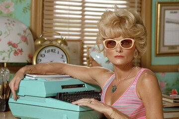 A woman in a pink and green swimsuit sits at a desk, typing on a vintage typewriter. She wears sunglasses and a necklace