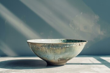 Wall Mural - Artistic photo of a ceramic bowl with contrasting shadows on a textured surface