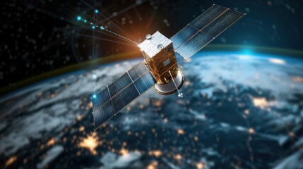 Wall Mural - a satellite is flying through space with a bright orange sun in the background. the satellite is sur