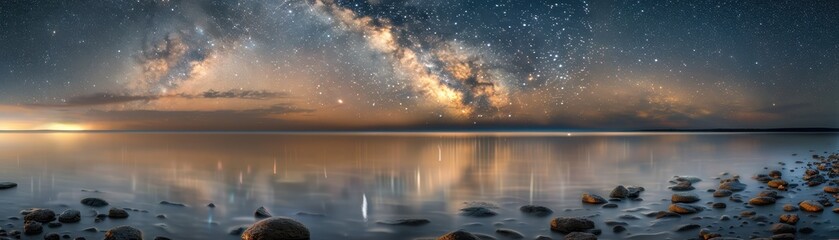 A beautiful night sky with a large milky white cloud in the middle. The sky is filled with stars and the clouds are reflecting the light of the stars. The scene is peaceful and serene, with the clouds