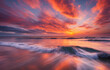 © AnonƳϻouຮシ - Image of a sun setting on a beach with a vibrant orange sky and orange sun and rays