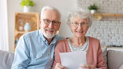 A man and a woman are sitting on a couch and smiling. The man is holding a piece of paper