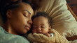 © Creative mind - Cosy moment between Young African American mother sleeping on cosy bed with her newborn baby.