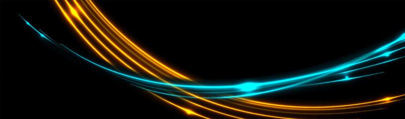 Wall Mural - Bright orange and blue neon wavy lines abstract shiny retro background. Futuristic glowing vector banner design