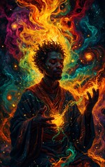 An african warlock alchemist immersed in the dark arts.