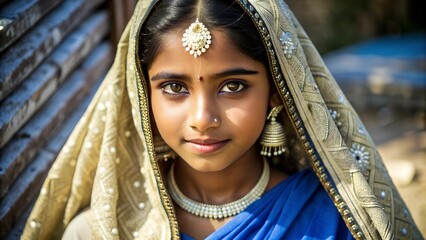 Wall Mural - Portrait of Indian girl dressed in traditional sari with beautiful jewelry and a bindi adorning her forehead