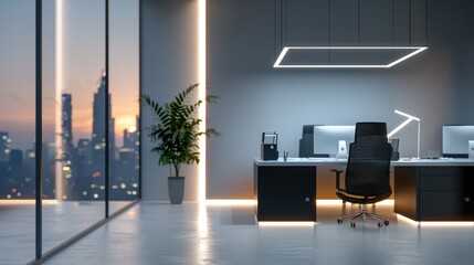 Wall Mural - A modern office with a large window overlooking the city. The room is filled with white furniture and has a minimalist design