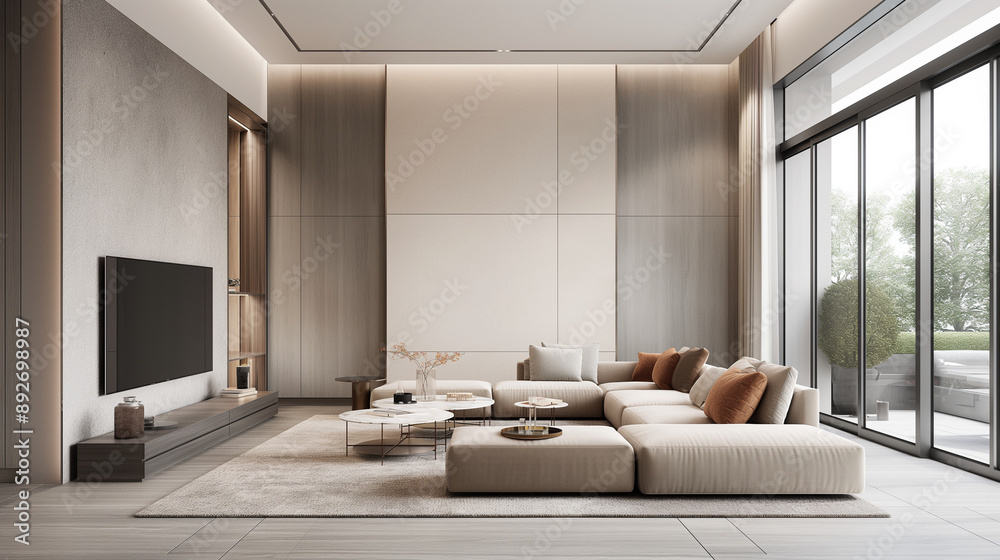 A modern living room with a large sectional couch and a flat screen TV ...