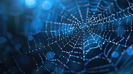 A spider web adorned with glistening dewdrops in the morning light, capturing the intricate beauty and delicate design of nature