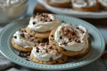 Poster - Fresh chocolate chip cookies topped with whipped cream and chocolate shavings