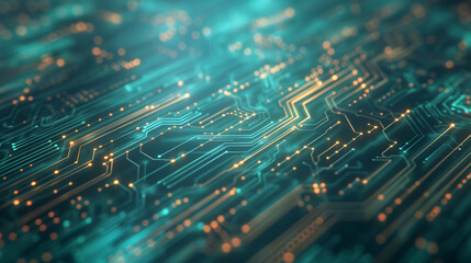 Wall Mural - A computer chip with a blue background and orange and yellow lines