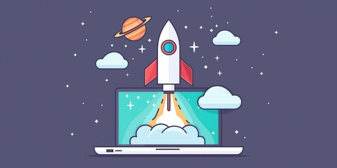 Wall Mural - Rocket Launching from Laptop in Cosmic Background created by ai