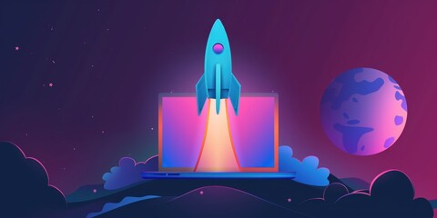 Wall Mural - Rocket Launching from Laptop in Cosmic Background created by ai