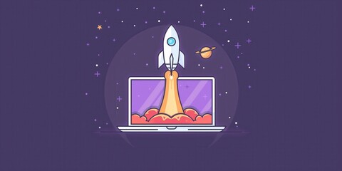 Wall Mural - Rocket Launching from Laptop in Cosmic Background created by ai