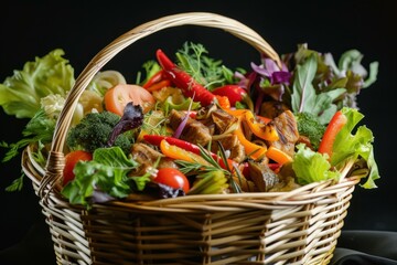 Poster - Wicker basket filled with a vibrant selection of fresh vegetables, ideal for healthy lifestyle themes