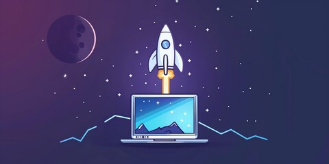 Wall Mural - Rocket Launching from Laptop in Cosmic Background created by ai