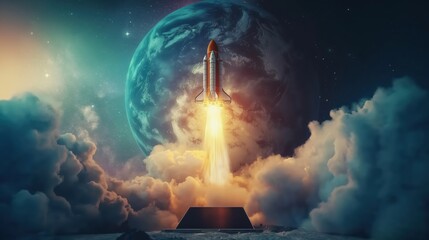 Wall Mural - Rocket Launching from Laptop in Cosmic Background created by ai
