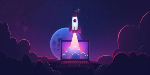 Wall Mural - Rocket Launching from Laptop in Cosmic Background created by ai