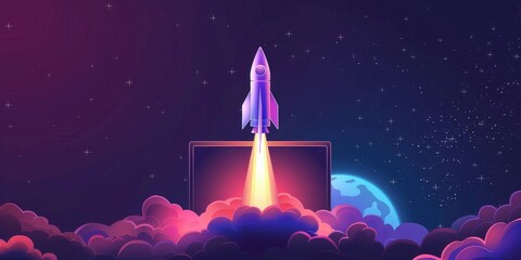 Wall Mural - Rocket Launching from Laptop in Cosmic Background created by ai