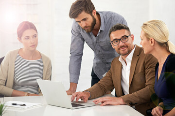 Poster - Business people, planning and conversation with laptop in office for campaign project, update media contacts and work. Public relations team, group and online with discussion for search market trends