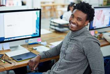 Poster - Man, portrait and creative in office with web designer, website development and professional career in start up. Happy, smile and webdesign workplace with confidence, company employee and business
