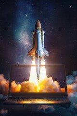 Wall Mural - Rocket Launching from Laptop in Cosmic Background created by ai