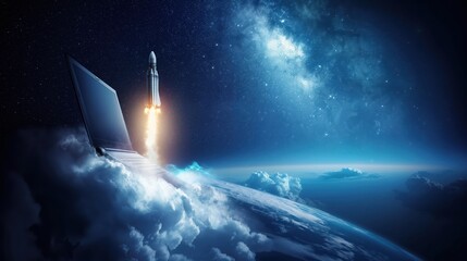 Wall Mural - Rocket Launching from Laptop in Cosmic Background created by ai