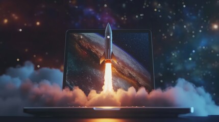 Wall Mural - Rocket Launching from Laptop in Cosmic Background created by ai