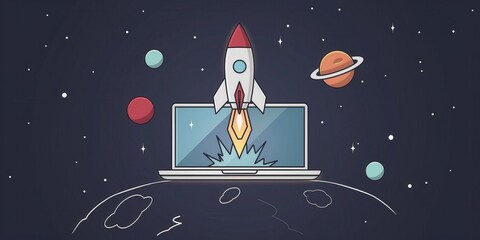 Wall Mural - Rocket Launching from Laptop in Cosmic Background created by ai