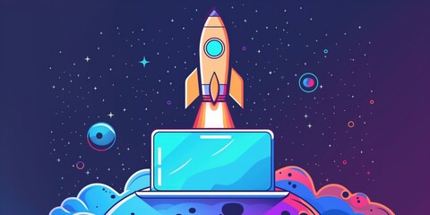 Wall Mural - Rocket Launching from Laptop in Cosmic Background created by ai