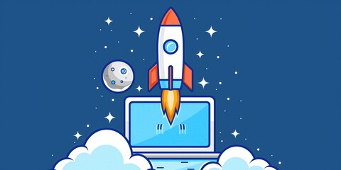 Wall Mural - Rocket Launching from Laptop in Cosmic Background created by ai