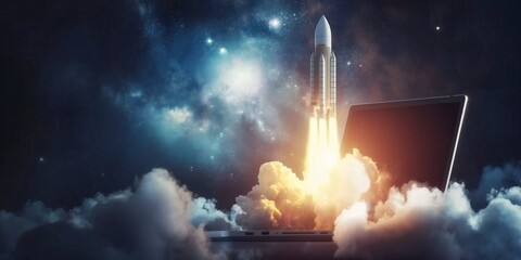 Wall Mural - Rocket Launching from Laptop in Cosmic Background created by ai