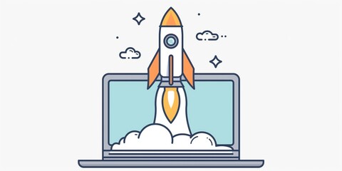 Wall Mural - Rocket Launching from Laptop in Cosmic Background created by ai