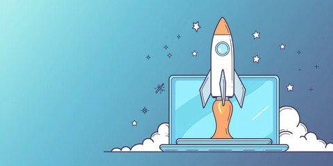 Wall Mural - Rocket Launching from Laptop in Cosmic Background created by ai