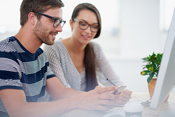 Poster - man, woman and teamwork with phone in office for creative, notification for company update on social