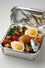 Poster - A black container with meatballs and vegetables