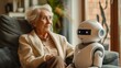 © mirifadapt - elderly woman talking to modern white robotic house helper