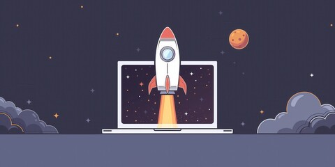 Wall Mural - Rocket Launching from Laptop in Cosmic Background created by ai