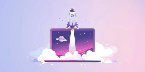 Wall Mural - Rocket Launching from Laptop in Cosmic Background created by ai
