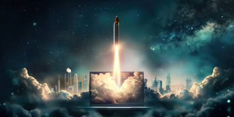 Wall Mural - Rocket Launching from Laptop in Cosmic Background created by ai