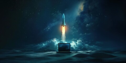 Wall Mural - Rocket Launching from Laptop in Cosmic Background created by ai