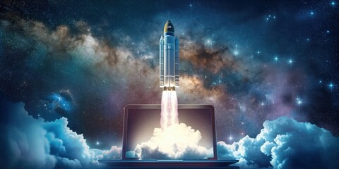 Wall Mural - Rocket Launching from Laptop in Cosmic Background created by ai