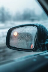 Wall Mural - A car's rear view mirror is fogged up with rain. The reflection of the car and other cars in the mirror show the blurry lights of the cars in the background